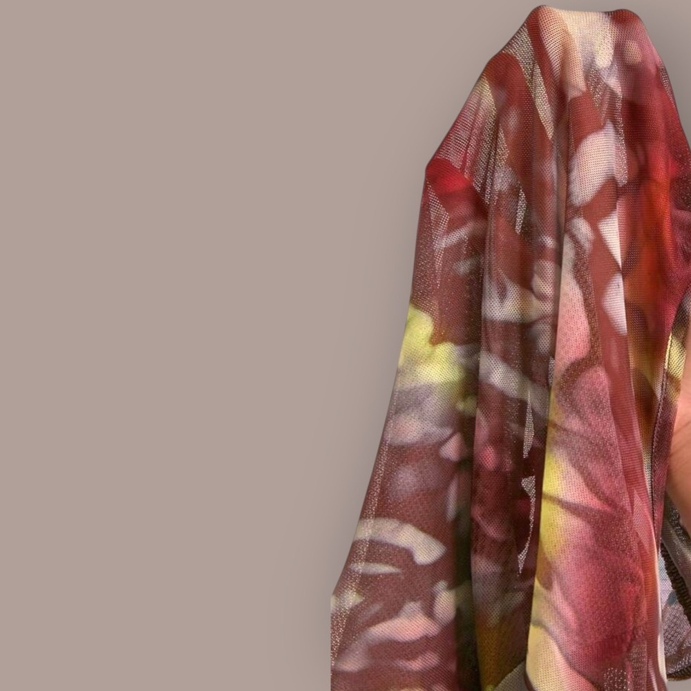 Sheer Mesh Abstract Print Maxi Dress Open Back Tie Neck Bell Sleeve Boho Y2K M/L - Picture 6 of 16